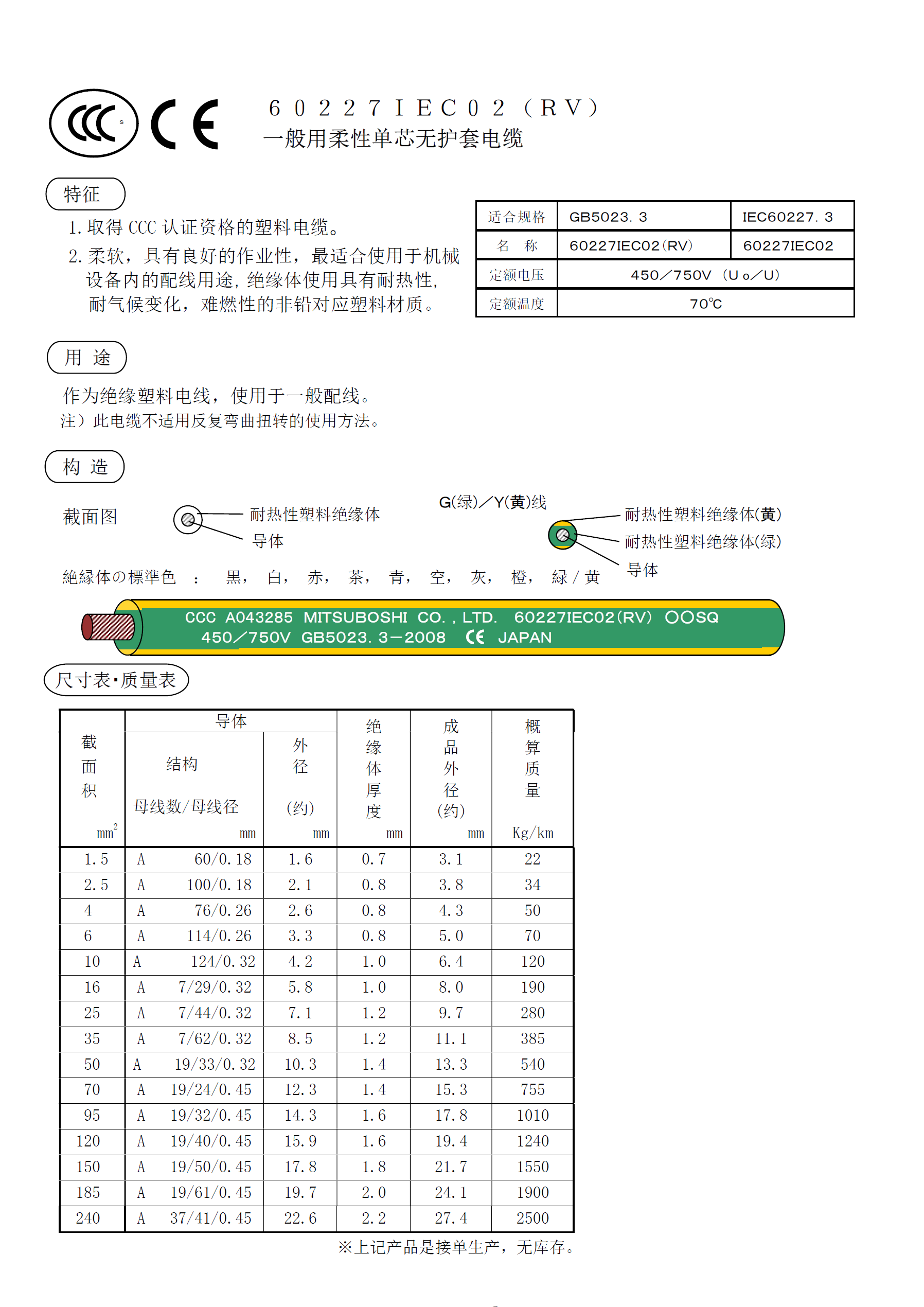 一般用弹性单芯无护套电缆